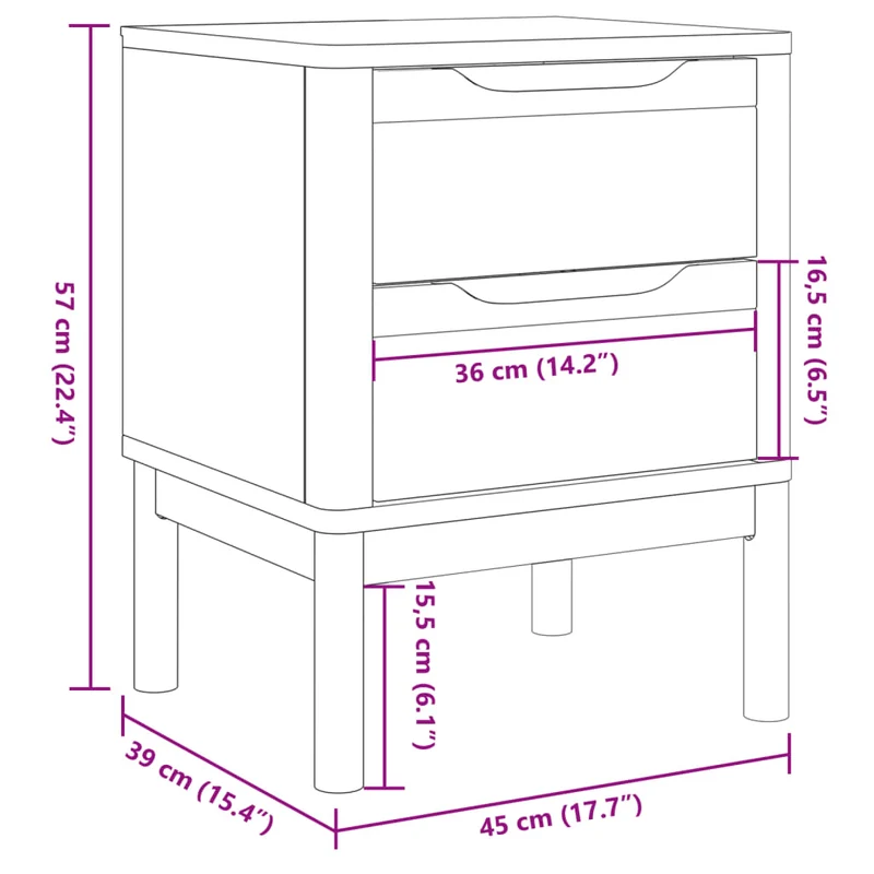 Table de chevet avec deux tiroirs 45 x 39 x 57 cm bois de pin massif gris DEC033915