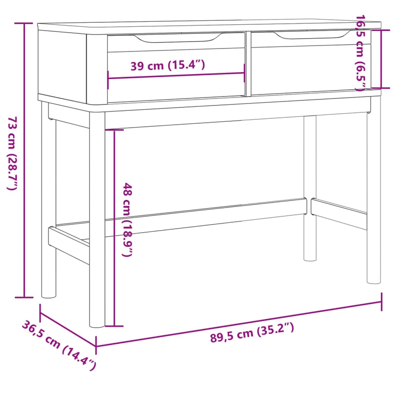 Table d'appoint console pratique avec tiroirs pour une entrée organisée 89,5 x 36,5 x 73 cm pin massif brun DEC031990