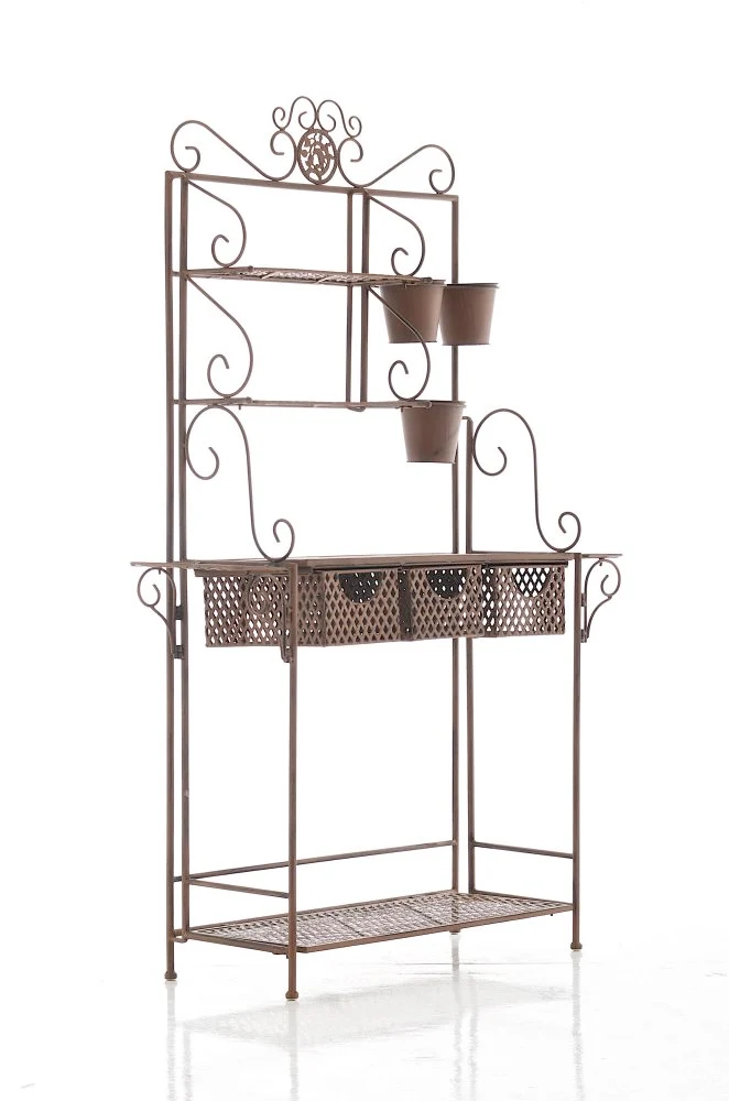 Etagère de rangement pour véranda jardin balcon pliable fleur plante avec paniers en métal marron vieilli 10_0003821