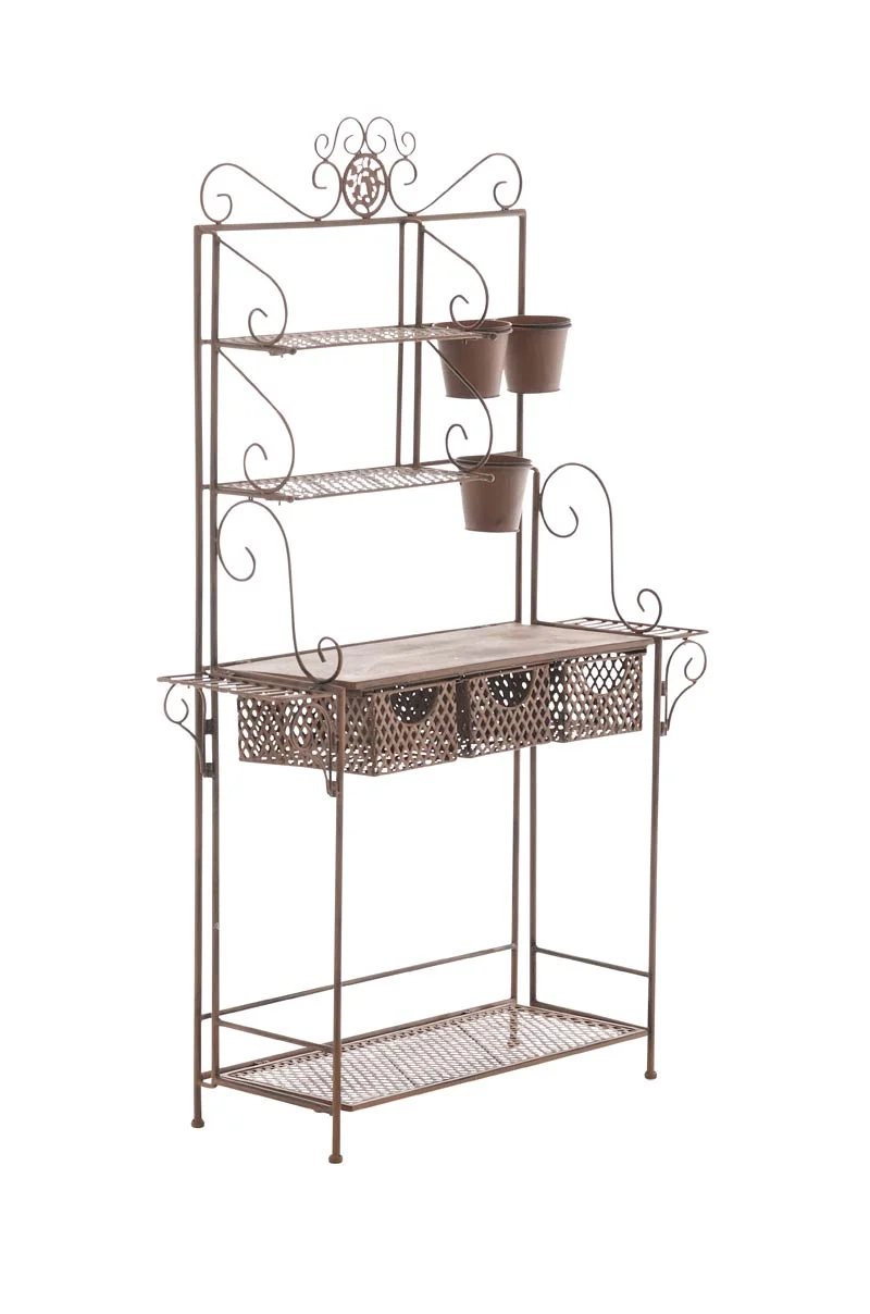Etagère de rangement pour véranda jardin balcon pliable fleur plante avec paniers en métal marron vieilli 10_0003821