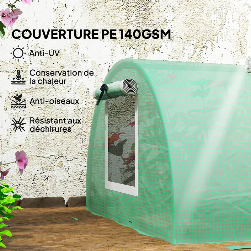 Serre de jardin tunnel 300 x 80 x 45 cm compacte ventilation optimale 5 fenêtres enroulables style épuré en acier vert 21_0004279