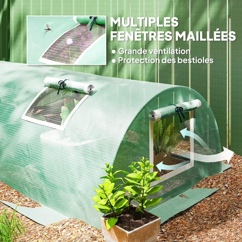 Serre de jardin tunnel 300 x 80 x 45 cm compacte ventilation optimale 5 fenêtres enroulables style épuré en acier vert 21_0004279