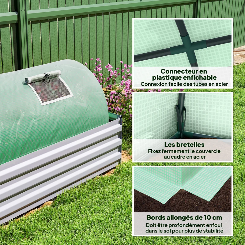 Serre de jardin tunnel 300 x 80 x 45 cm compacte ventilation optimale 5 fenêtres enroulables style épuré en acier vert 21_0004279