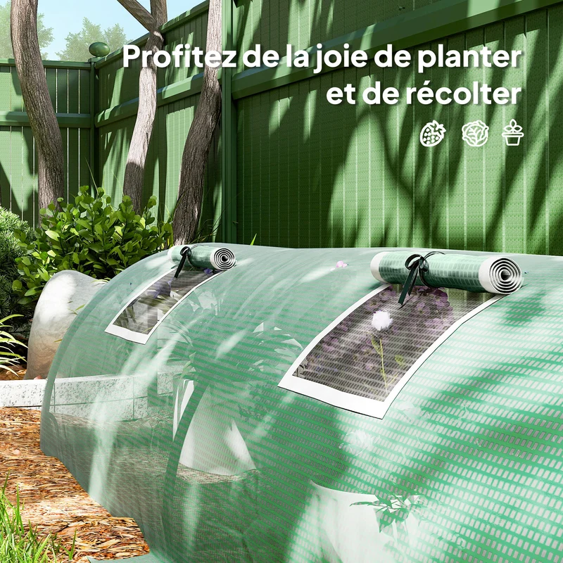 Serre de jardin tunnel 300 x 80 x 45 cm compacte ventilation optimale 5 fenêtres enroulables style épuré en acier vert 21_0004279