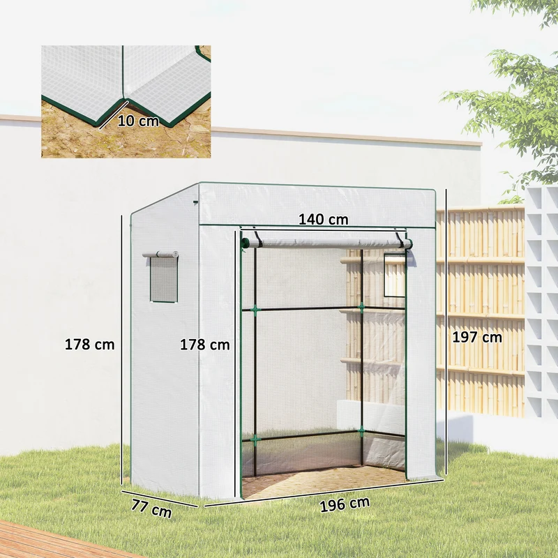 Serre de jardin adossée 196 x 77 x 197 cm protection contre le froid ventilation moderne épuré en polyéthylène blanc 21_0005431