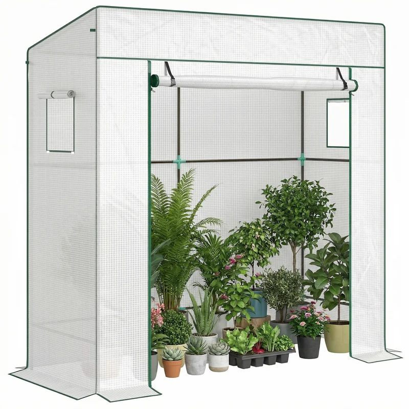 Serre de jardin adossée 196 x 77 x 197 cm protection contre le froid ventilation moderne épuré en polyéthylène blanc 21_0005431
