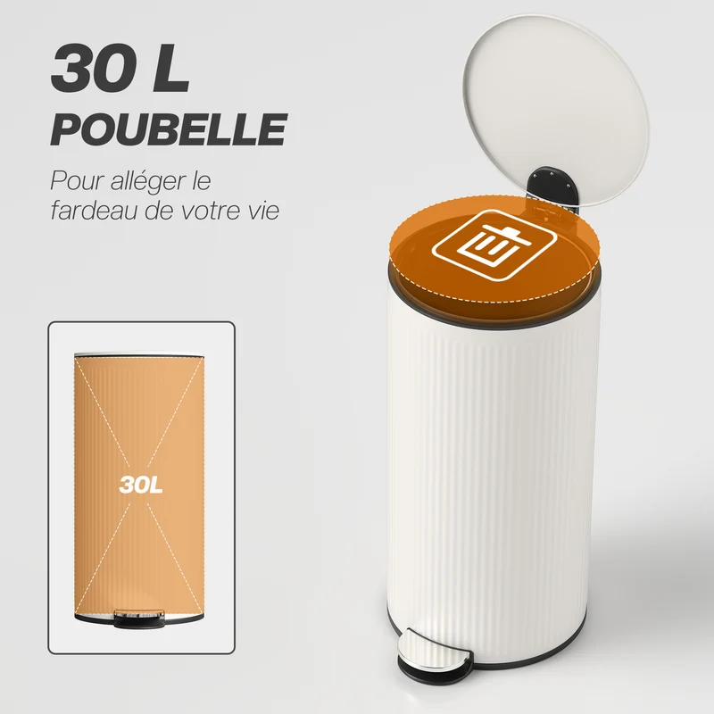 Poubelle de cuisine à pédale 36 x 30 x 60,5 cm seau intérieur amovible fermeture douce moderne épuré en métal crème 21_0005936
