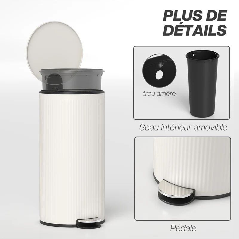 Poubelle de cuisine à pédale 36 x 30 x 60,5 cm seau intérieur amovible fermeture douce moderne épuré en métal crème 21_0005936