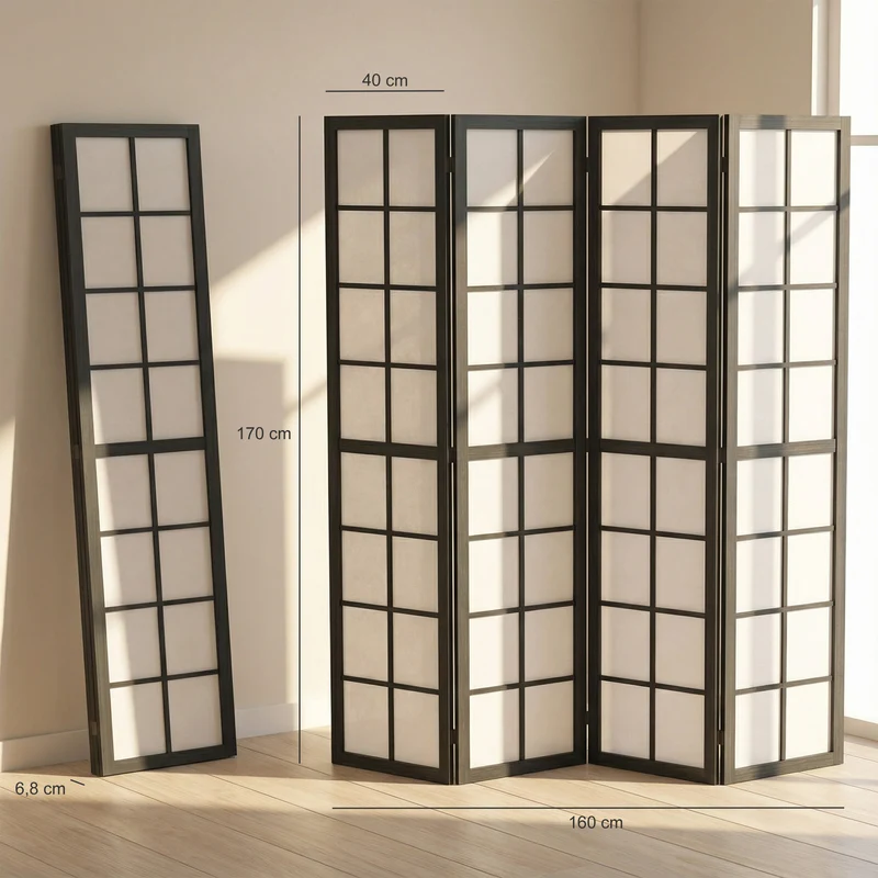 Paravent intérieur pliable 4 panneaux 160 x 170 x 1.7 cm léger et modulable minimaliste scandinave cosy en bois noir 21_0001386