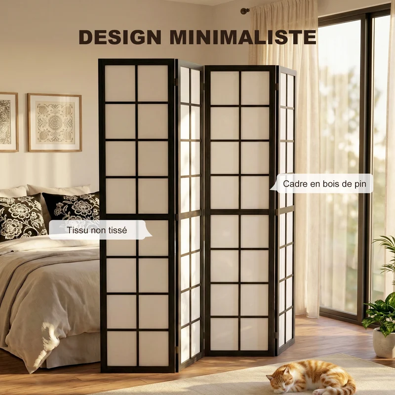 Paravent intérieur pliable 4 panneaux 160 x 170 x 1.7 cm léger et modulable minimaliste scandinave cosy en bois noir 21_0001386