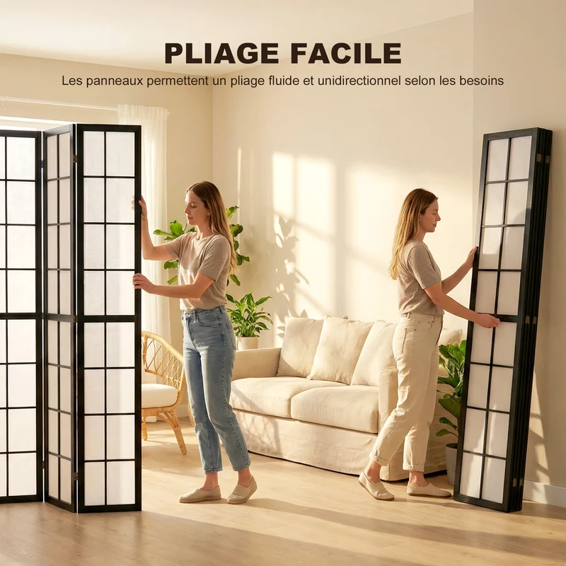 Paravent intérieur pliable 4 panneaux 160 x 170 x 1.7 cm léger et modulable minimaliste scandinave cosy en bois noir 21_0001386