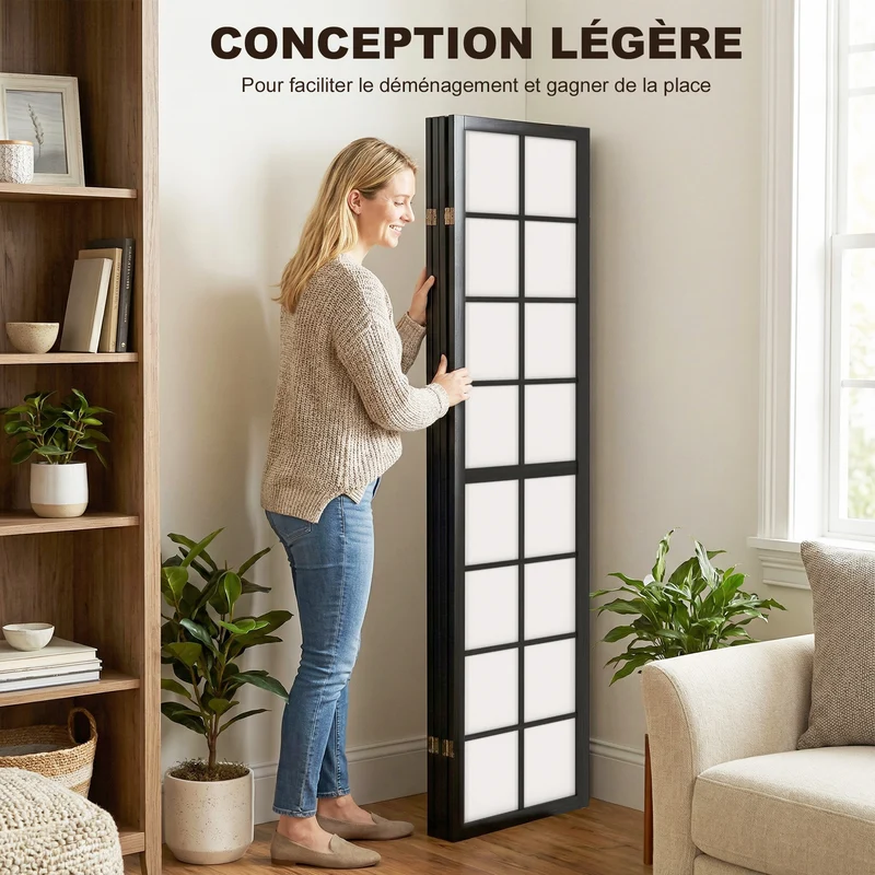 Paravent intérieur pliable 4 panneaux 160 x 170 x 1.7 cm léger et modulable minimaliste scandinave cosy en bois noir 21_0001386