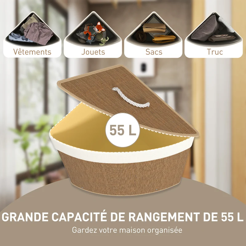 Panier à linge d'angle 35 x 35 x 60 cm 55 l sac amovible lavable salle de bain salon scandinave épuré en bambou marron 21_0005880