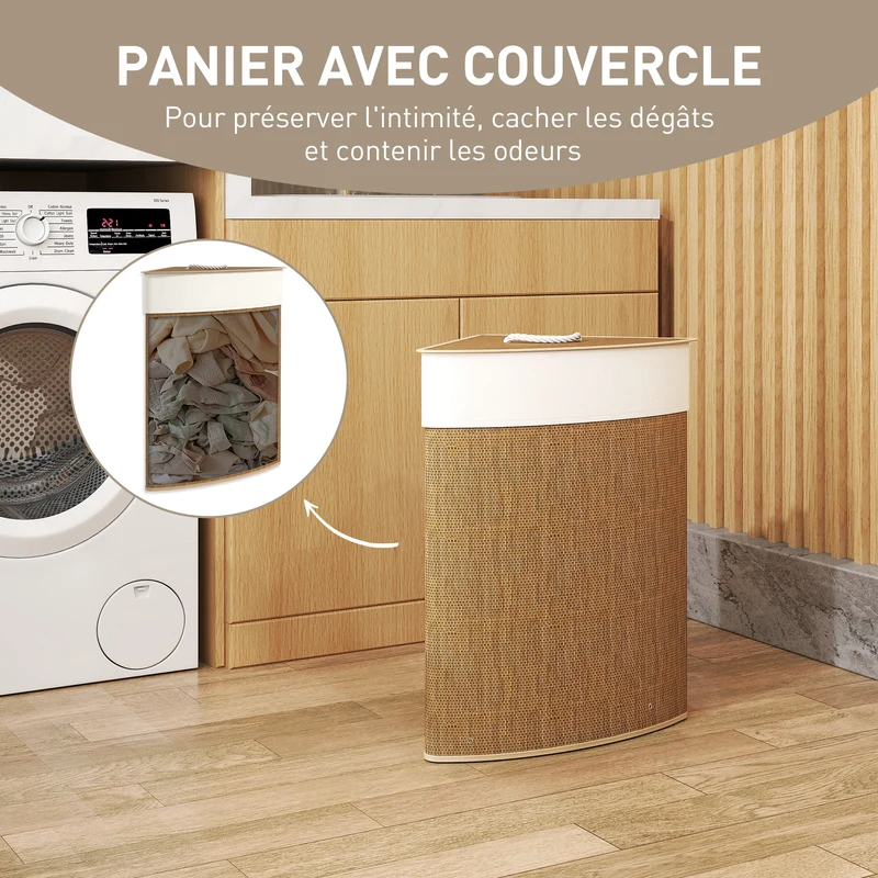 Panier à linge d'angle 35 x 35 x 60 cm 55 l sac amovible lavable salle de bain salon scandinave épuré en bambou marron 21_0005880