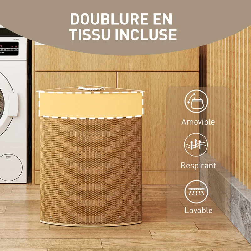 Panier à linge d'angle 35 x 35 x 60 cm 55 l sac amovible lavable salle de bain salon scandinave épuré en bambou marron 21_0005880