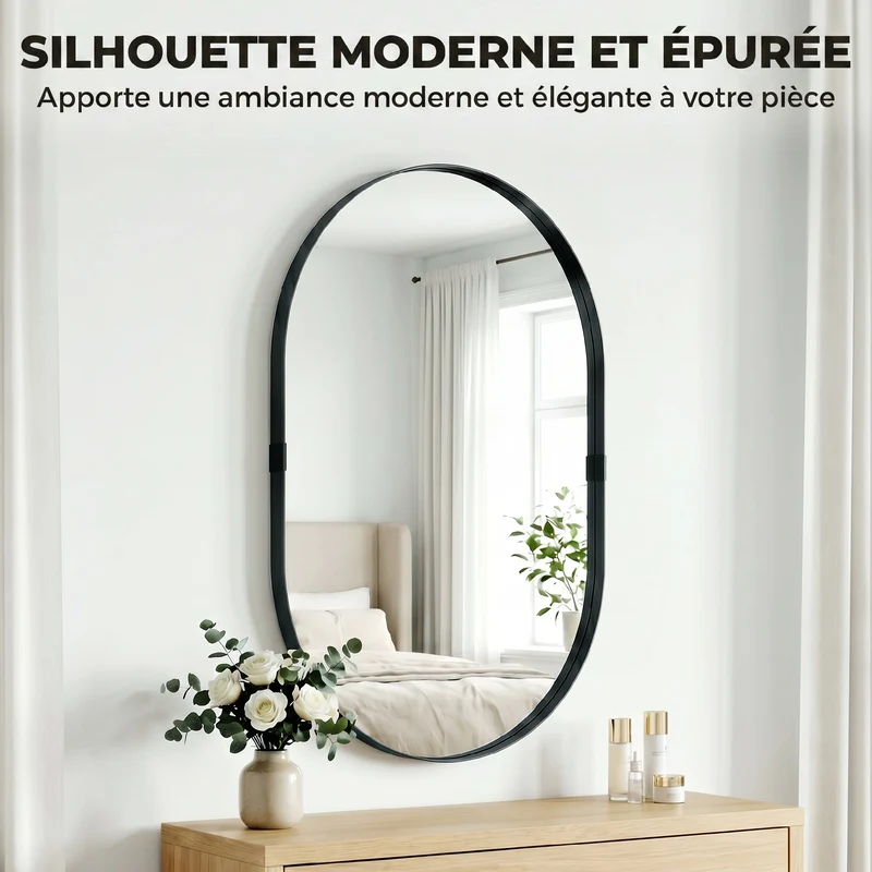 Miroir mural forme piste 60 x 4 x 90 cm profondeur visuelle sécurité anti-éclats moderne épuré en verre trempé noir 21_0003726