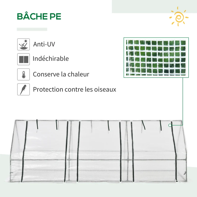 Mini serre jardin tunnel 270 x 90 x 90 cm protection plantes anti-uv montage facile contemporain en polyéthylène blanc 21_0004080