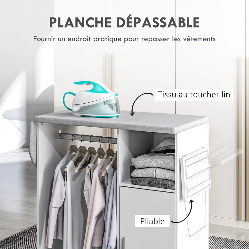 Meuble à repasser roulettes 127 x 42,5 x 99 cm planche pliante étagère réglable moderne en panneau de particules blanc 21_0001557