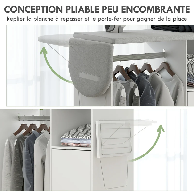 Meuble à repasser roulettes 127 x 42,5 x 99 cm planche pliante étagère réglable moderne en panneau de particules blanc 21_0001557