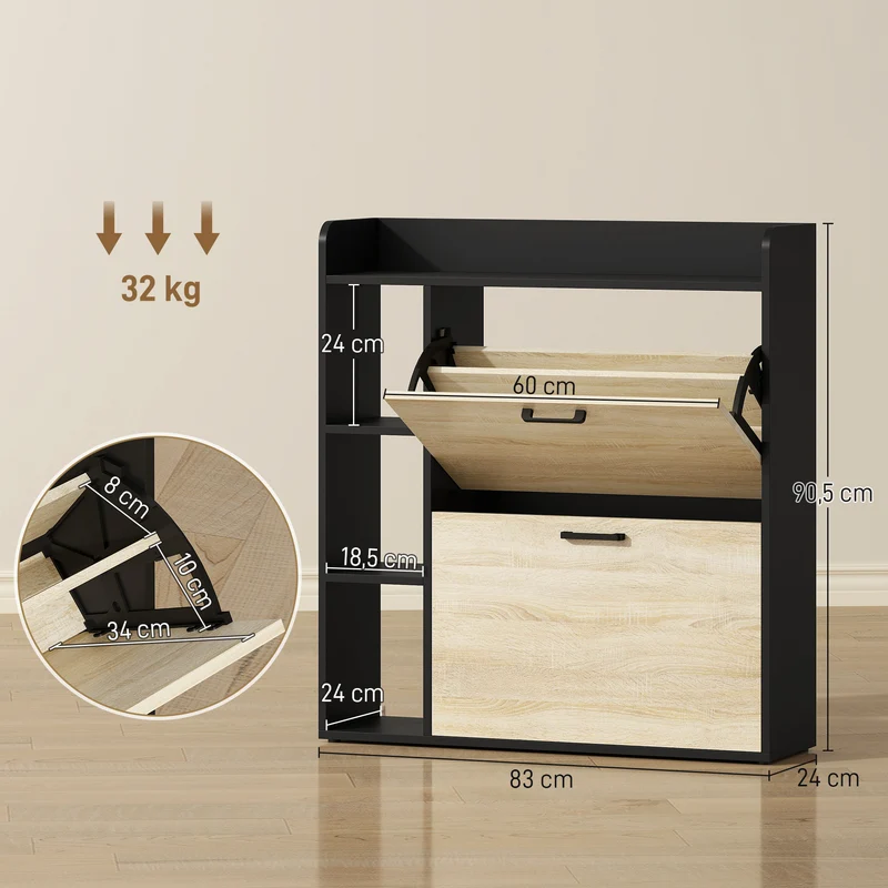 Meuble à chaussures couloir 83 x 24 x 90,5 cm tiroirs gain de place design moderne en panneau de particules bois naturel 21_0002788