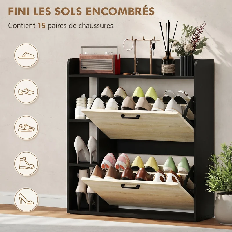 Meuble à chaussures couloir 83 x 24 x 90,5 cm tiroirs gain de place design moderne en panneau de particules bois naturel 21_0002788