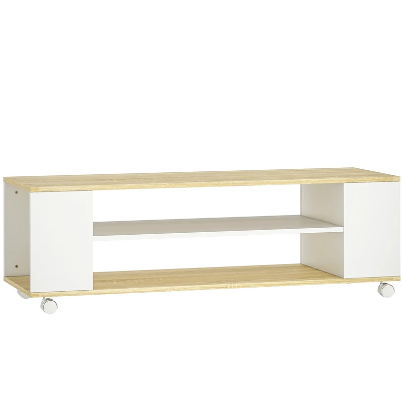 Meuble tv 120 x 40 x 38,5 cm sur roulettes freins rangement spacieux style contemporain en panneau de particules blanc 21_0003107
