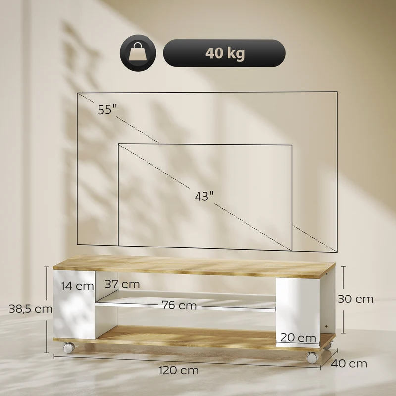 Meuble tv 120 x 40 x 38,5 cm sur roulettes freins rangement spacieux style contemporain en panneau de particules blanc 21_0003107