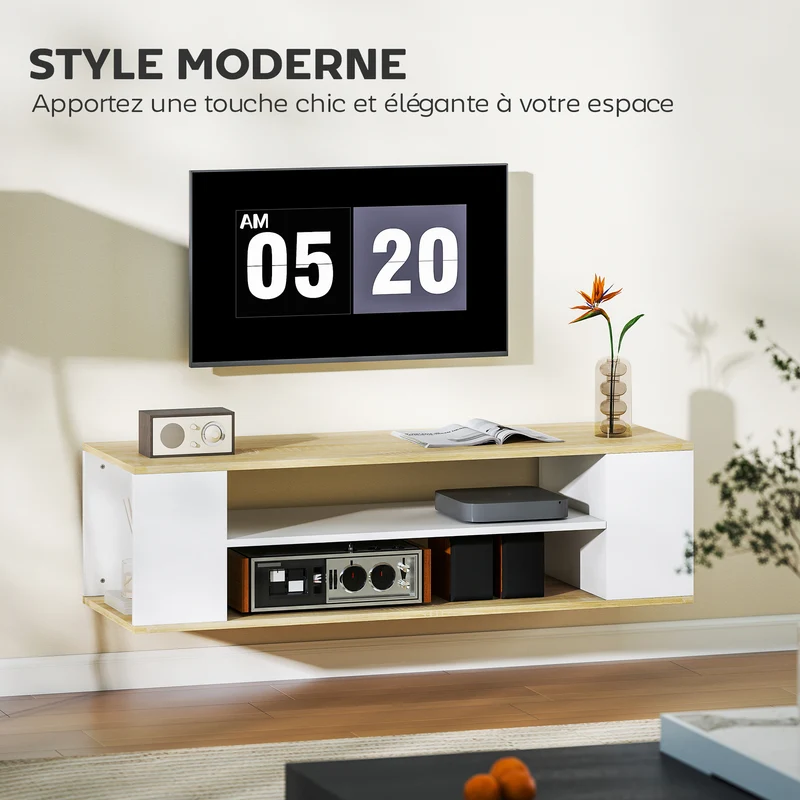 Meuble tv 120 x 40 x 38,5 cm sur roulettes freins rangement spacieux style contemporain en panneau de particules blanc 21_0003107