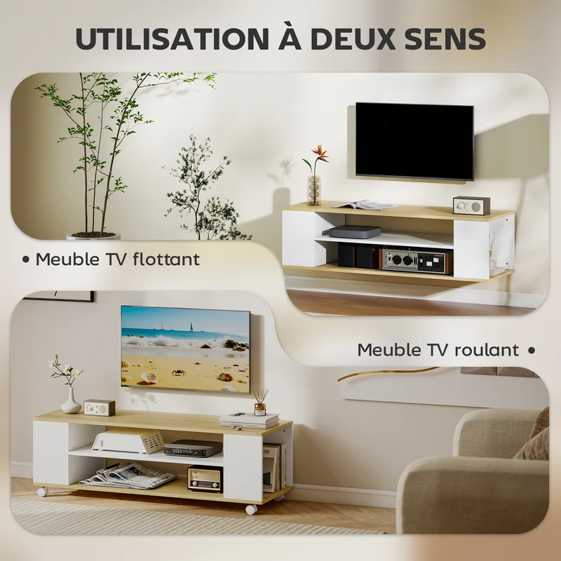 Meuble tv 120 x 40 x 38,5 cm sur roulettes freins rangement spacieux style contemporain en panneau de particules blanc 21_0003107