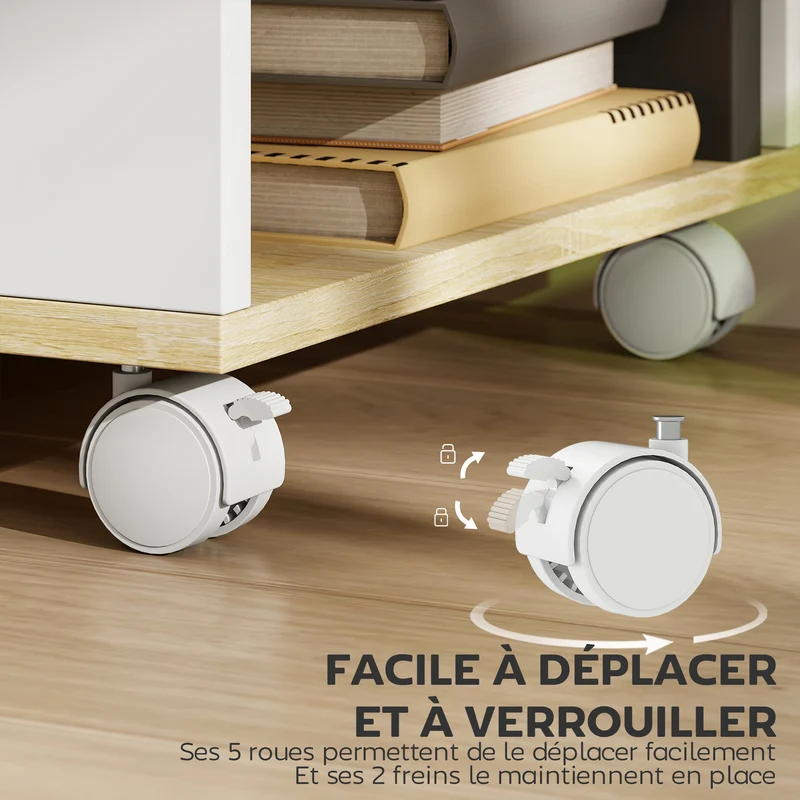 Meuble tv 120 x 40 x 38,5 cm sur roulettes freins rangement spacieux style contemporain en panneau de particules blanc 21_0003107