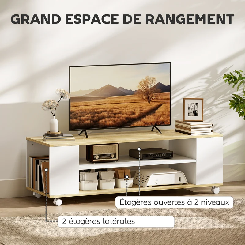 Meuble tv 120 x 40 x 38,5 cm sur roulettes freins rangement spacieux style contemporain en panneau de particules blanc 21_0003107