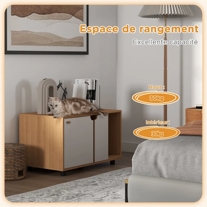 Meuble maison de toilette pour chat 80 x 48 x 48 cm réduit les odeurs design scandinave en panneau de particules naturel 21_0007786