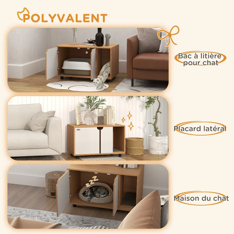 Meuble maison de toilette pour chat 80 x 48 x 48 cm réduit les odeurs design scandinave en panneau de particules naturel 21_0007786