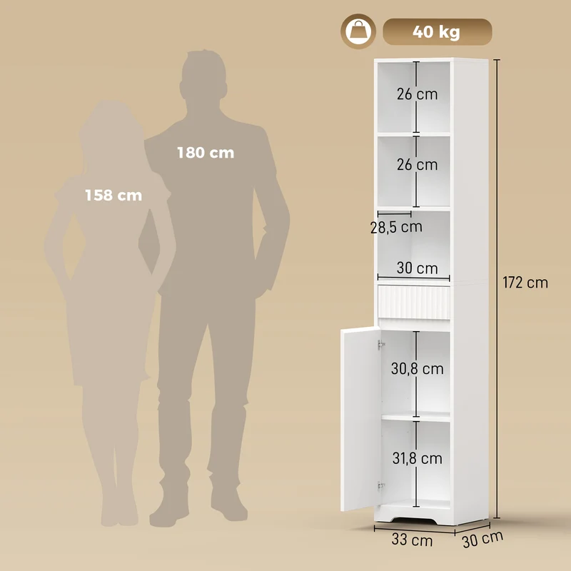 Meuble de salle de bain haut 33 x 30 x 172 cm profil fin rangement optimisé étagères ouvertes moderne épuré en MDF blanc 21_0002147