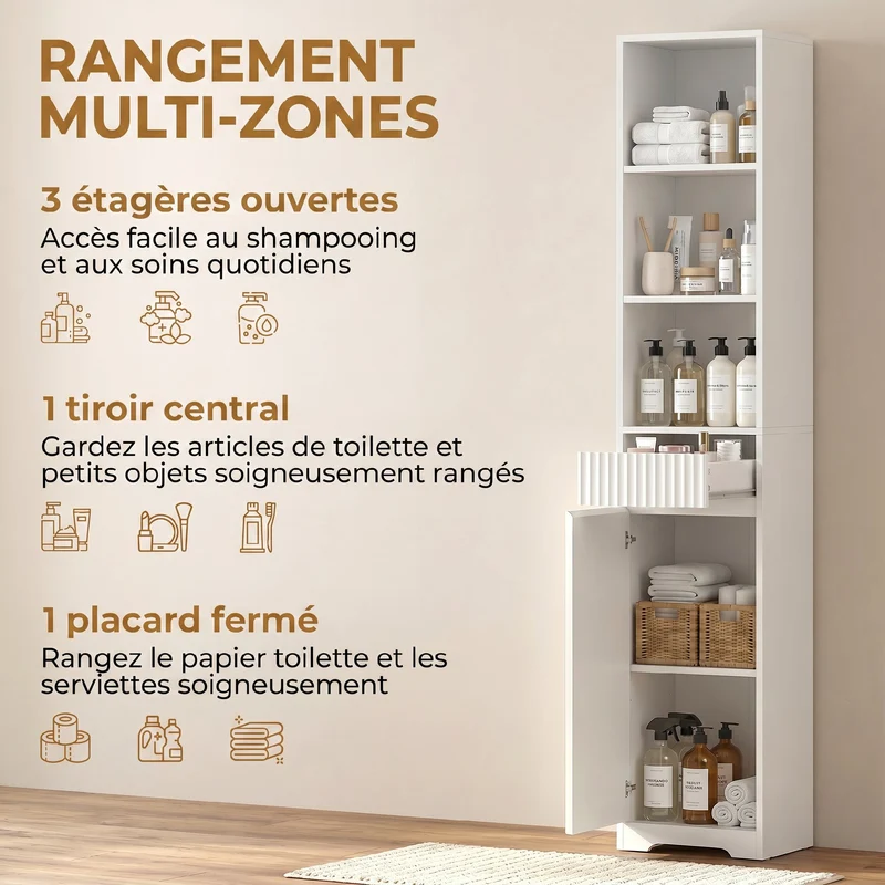 Meuble de salle de bain haut 33 x 30 x 172 cm profil fin rangement optimisé étagères ouvertes moderne épuré en MDF blanc 21_0002147