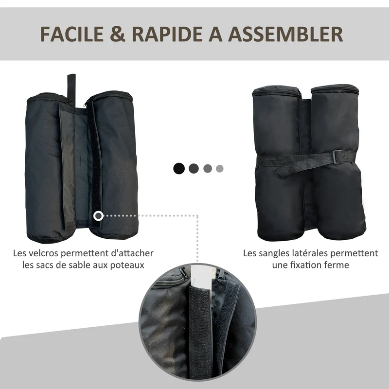 Lot de 4 sacs de lestage tonnelle parasol 14 x 42 cm stabilité optimale fixation sangles jardin épuré en polyester noir 21_0006968