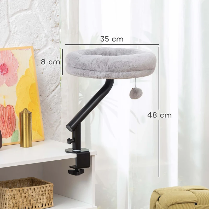 Lit de bureau pour chat 35 x 35 x 48 cm rotation 360° hauteur réglable fixation sans perçage moderne en peluche gris 21_0007754