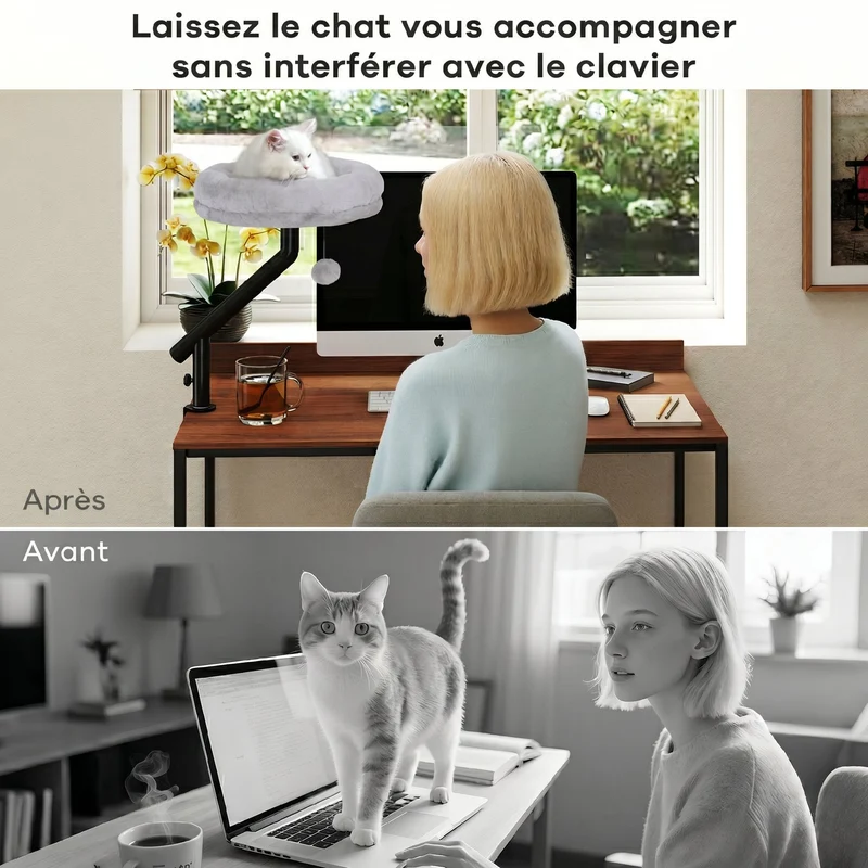 Lit de bureau pour chat 35 x 35 x 48 cm rotation 360° hauteur réglable fixation sans perçage moderne en peluche gris 21_0007754