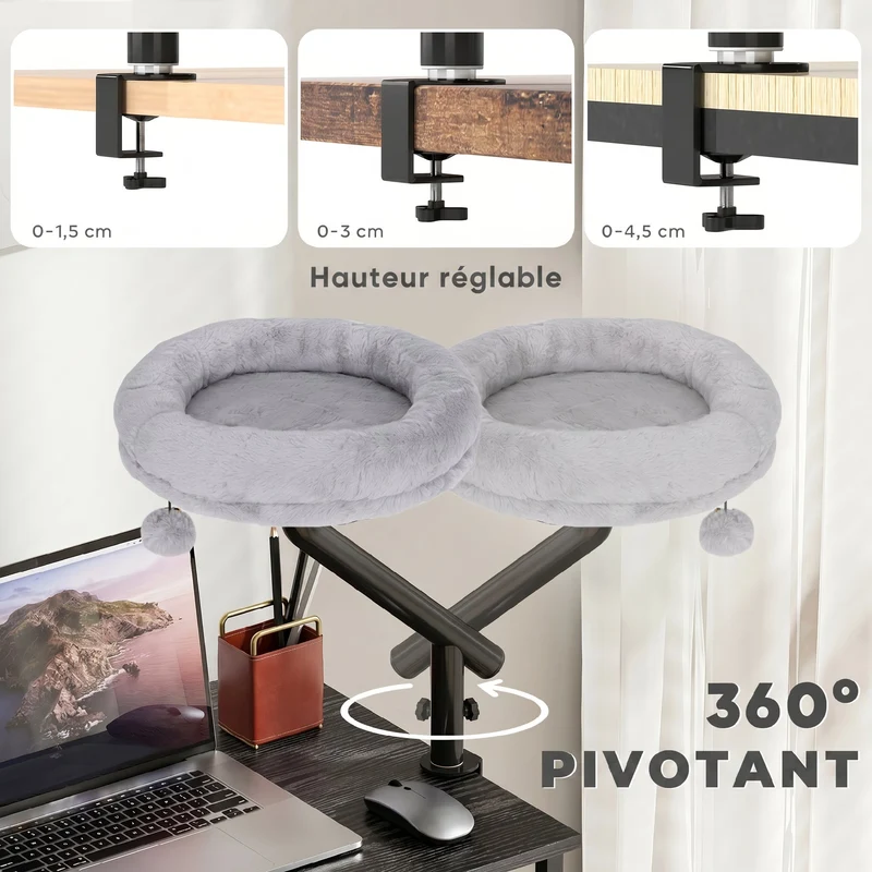 Lit de bureau pour chat 35 x 35 x 48 cm rotation 360° hauteur réglable fixation sans perçage moderne en peluche gris 21_0007754