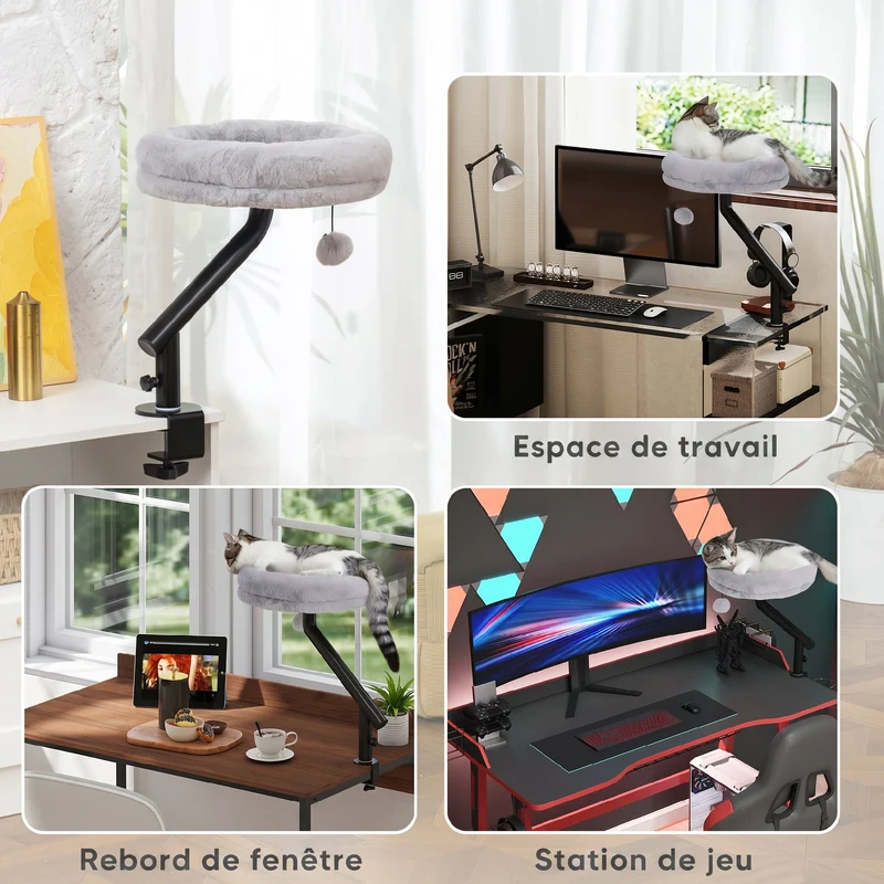 Lit de bureau pour chat 35 x 35 x 48 cm rotation 360° hauteur réglable fixation sans perçage moderne en peluche gris 21_0007754