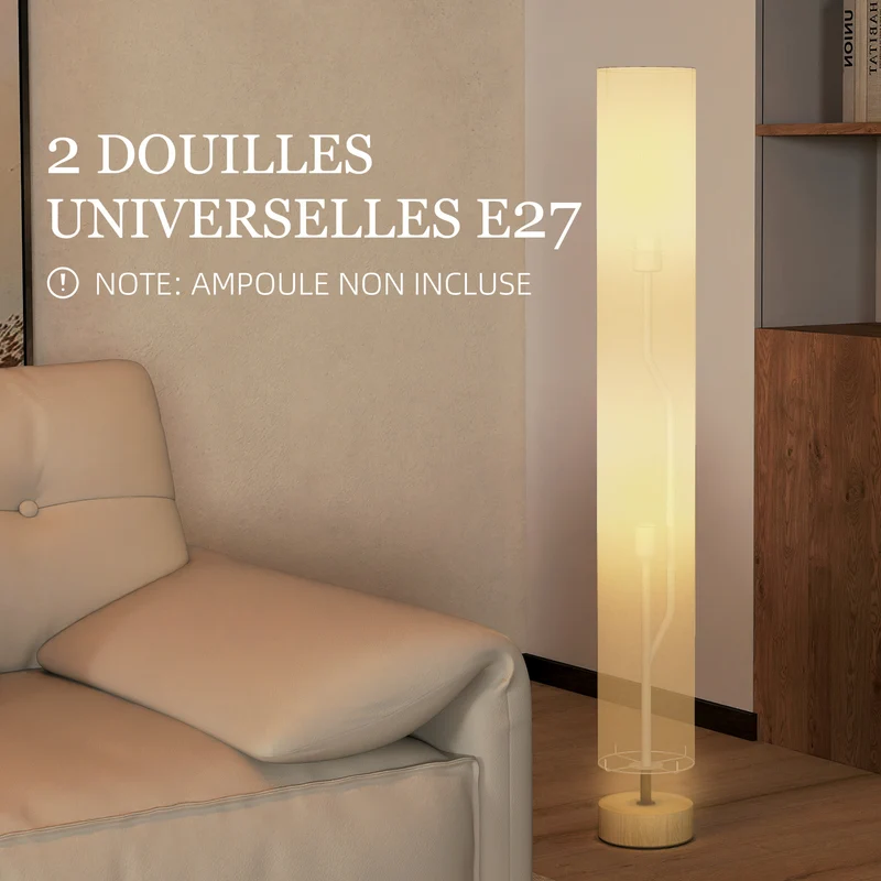 Lampadaire sur pied colonne sobre salon 15 x 15 x 120 cm éclairage tamisé double ampoules scandinave épuré en lin beige 21_0007004