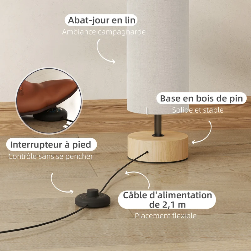 Lampadaire sur pied colonne sobre salon 15 x 15 x 120 cm éclairage tamisé double ampoules scandinave épuré en lin beige 21_0007004