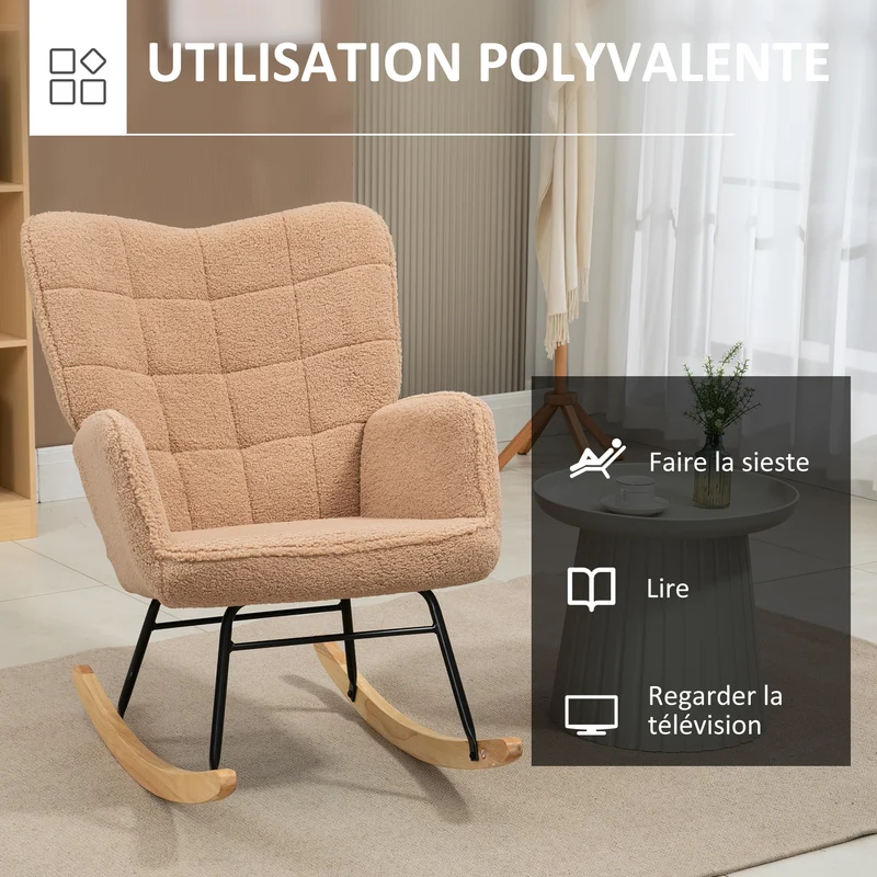 Fauteuil à bascule chambre 71 x 98 x 101 cm rembourré dossier large scandinave contemporain en tissu polyester marron 21_0003101