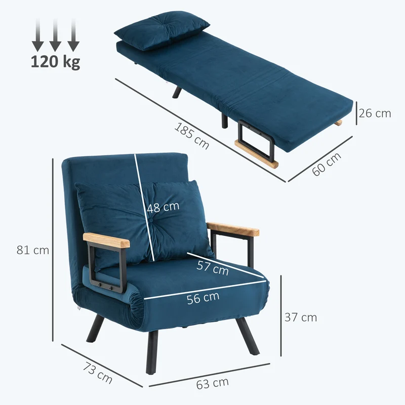 Fauteuil convertible 3 en 1 lit 1 place dossier 5 positions 63 x 73 x 81 cm assise réglable cosy moderne en tissu bleu 21_0003137