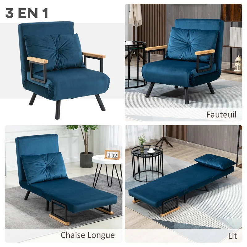 Fauteuil convertible 3 en 1 lit 1 place dossier 5 positions 63 x 73 x 81 cm assise réglable cosy moderne en tissu bleu 21_0003137