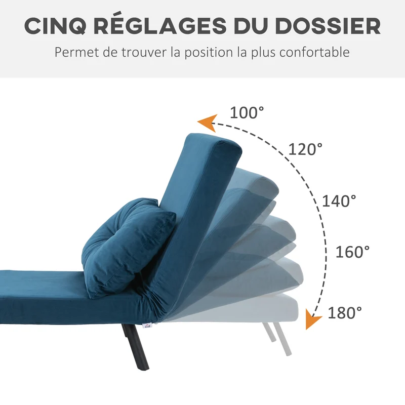 Fauteuil convertible 3 en 1 lit 1 place dossier 5 positions 63 x 73 x 81 cm assise réglable cosy moderne en tissu bleu 21_0003137