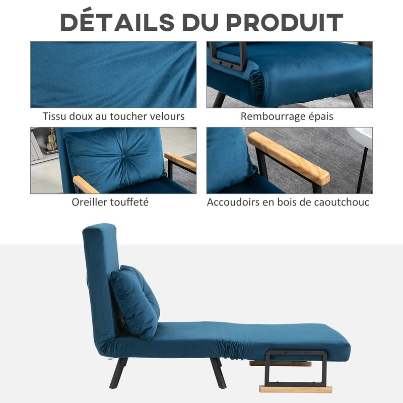 Fauteuil convertible 3 en 1 lit 1 place dossier 5 positions 63 x 73 x 81 cm assise réglable cosy moderne en tissu bleu 21_0003137