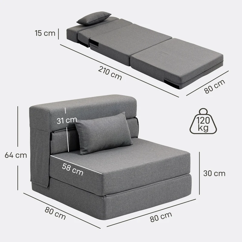 Fauteuil convertible 1 place pour invités 210 x 80 x 15 cm gain de place rembourrage mousse moderne épuré en tissu gris 21_0003503
