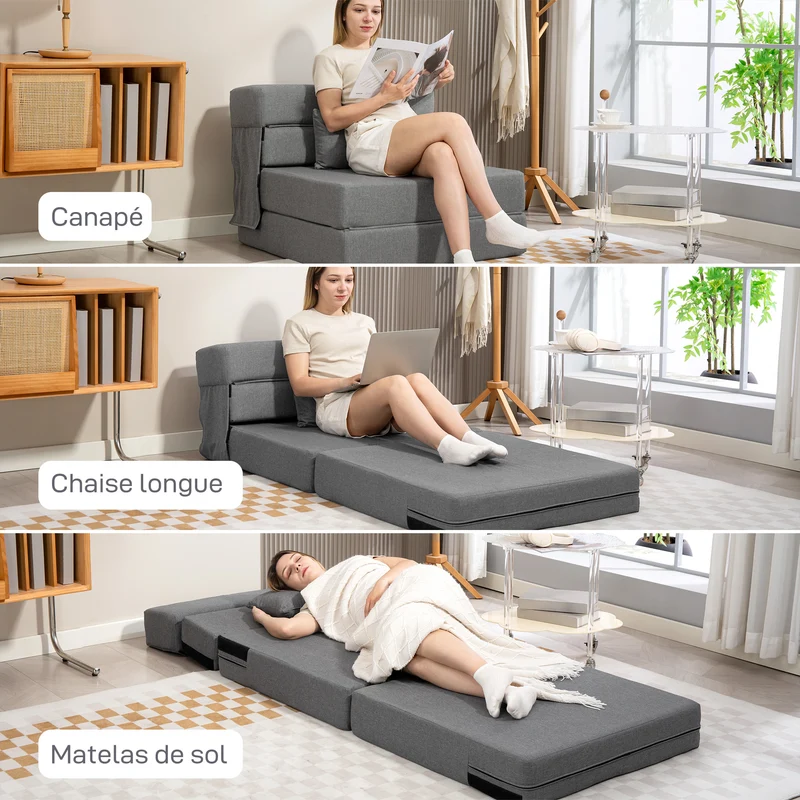 Fauteuil convertible 1 place pour invités 210 x 80 x 15 cm gain de place rembourrage mousse moderne épuré en tissu gris 21_0003503
