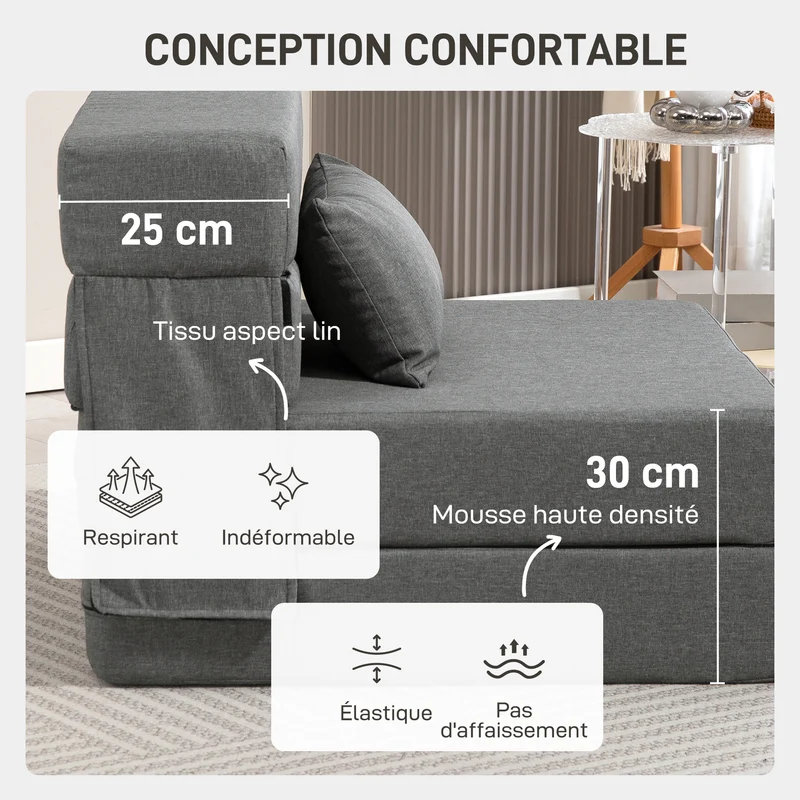 Fauteuil convertible 1 place pour invités 210 x 80 x 15 cm gain de place rembourrage mousse moderne épuré en tissu gris 21_0003503